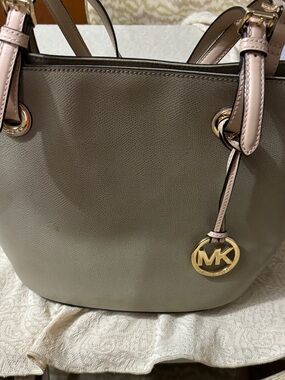 Michael Kors Pale Green Tote with Taupe  Straps and Gold MK Charm